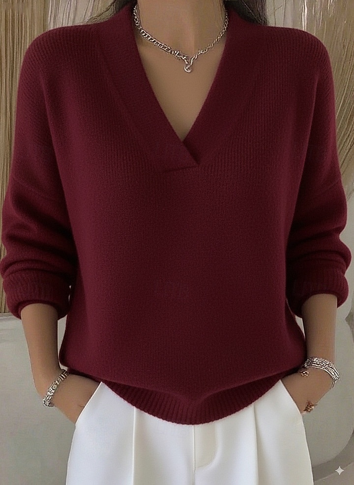 Women's Sweater Elegant Fashion Cute Solid Color Ribbed V Neck Knitted Braided Long Sleeve Regular Tops Knit Formal Outdoor Home Wine Red Pink Spring Fall 2025 - $41.99 –P2