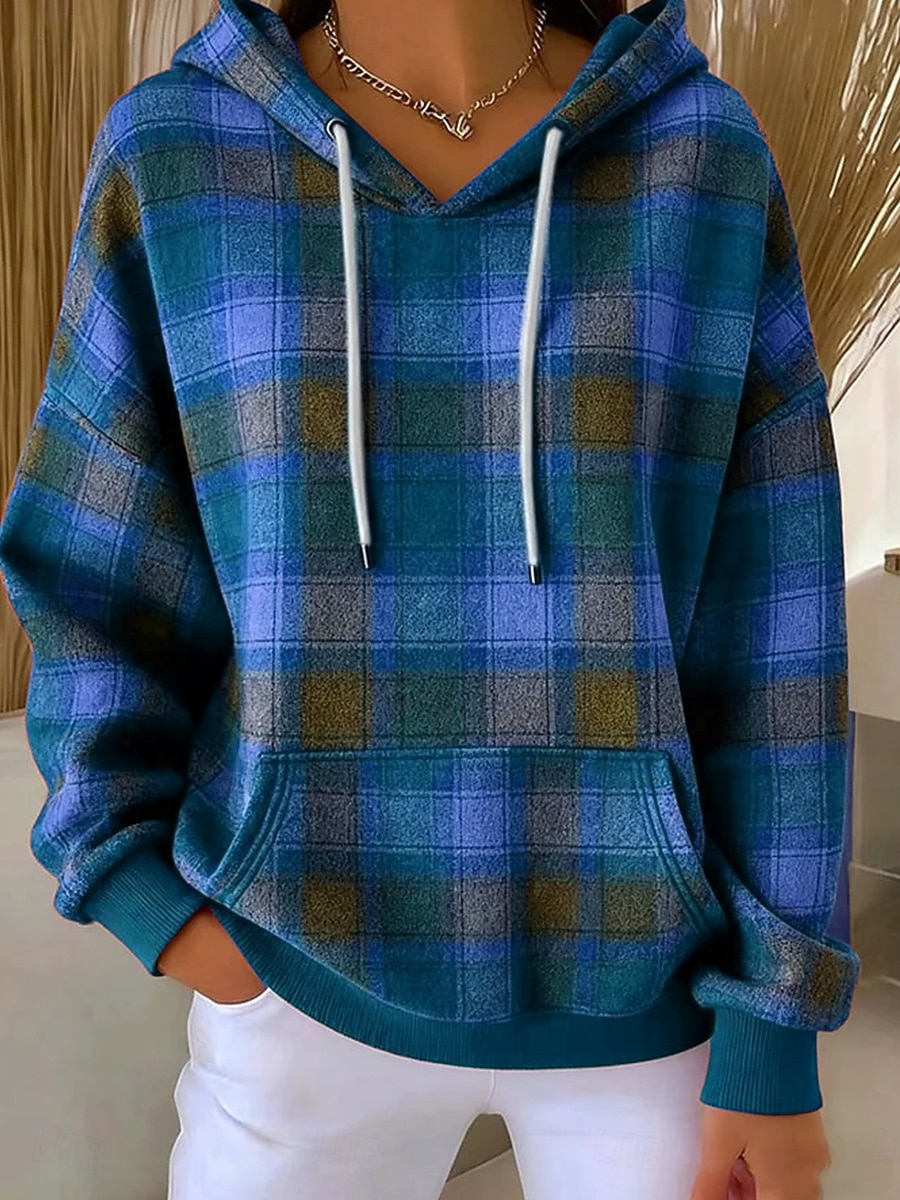 Mujer Sudadera con capucha Pullover Estampado Bolsillo delantero Graphic Geométrico Plaid Cálido Vintage Casual Manga Larga Con Capucha Tops regulares Casual Calle Uso Diario Azul Piscina Amarillo 2026 - $28.99 –P4