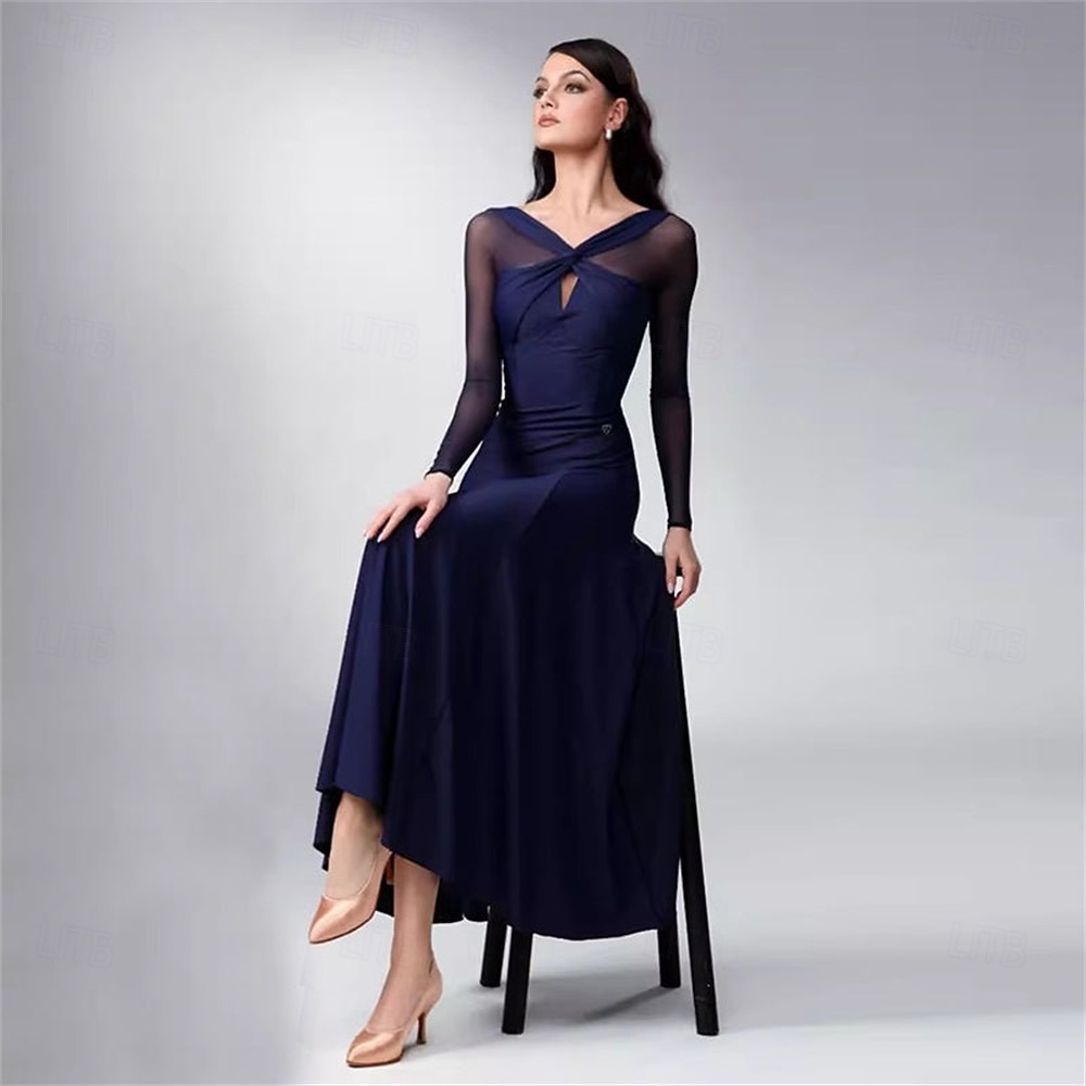 abito da ballo da sala da donna blu navy elegante a maniche lunghe in rete con scollo incrociato, abito da competizione per valzer, foxtrot e tango del 2026 a $337.89 –P4