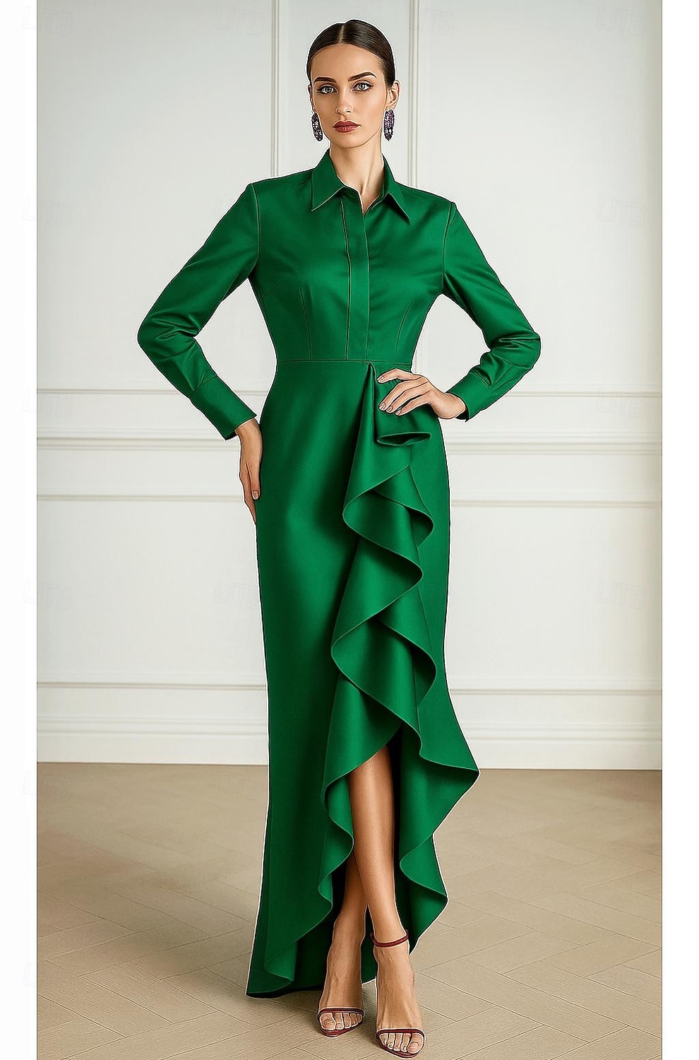 Tubinho Assimétrico Longo Vestidos de cocktail Vestidos de festa Elegante Vintage Manga Longa Colarinho de Camisa Formal Convidado do casamento Cetim com Fru-Fru de 2026 por $160.99 –P1