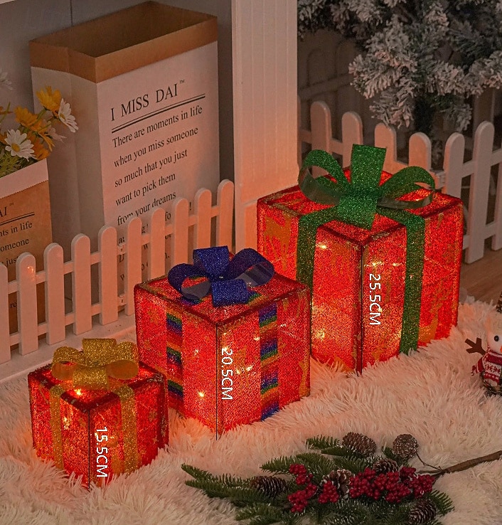 3 Pcs Christmas LED with light bow glowing gift box, indoor and outdoor party atmosphere decoration light props ornament, 8-function waterproof battery box, 15.5/20.5/25.5CM 2025 - CAD $32.99 –P6