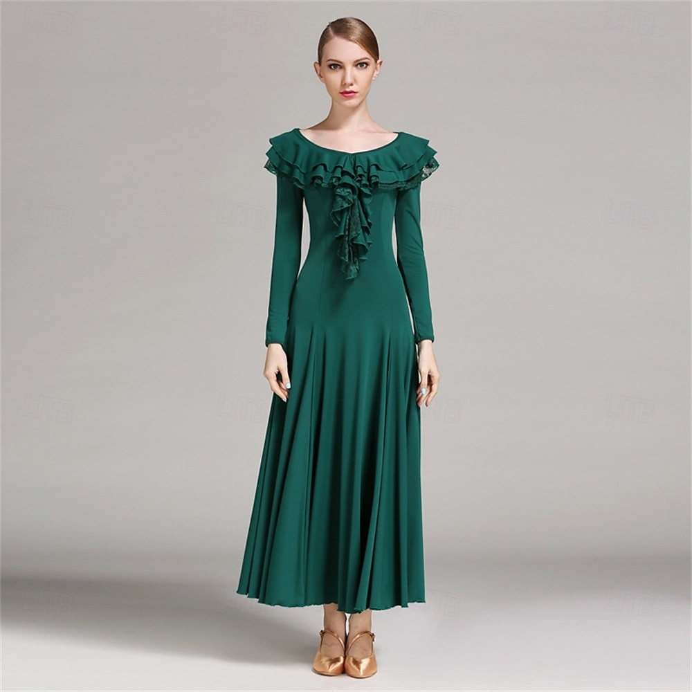 Elegant Blue Ballroom Dance Dress with Ruffled Neckline and Long Sleeves for Latin and Social Dancing 2026 - $116.99 –P8