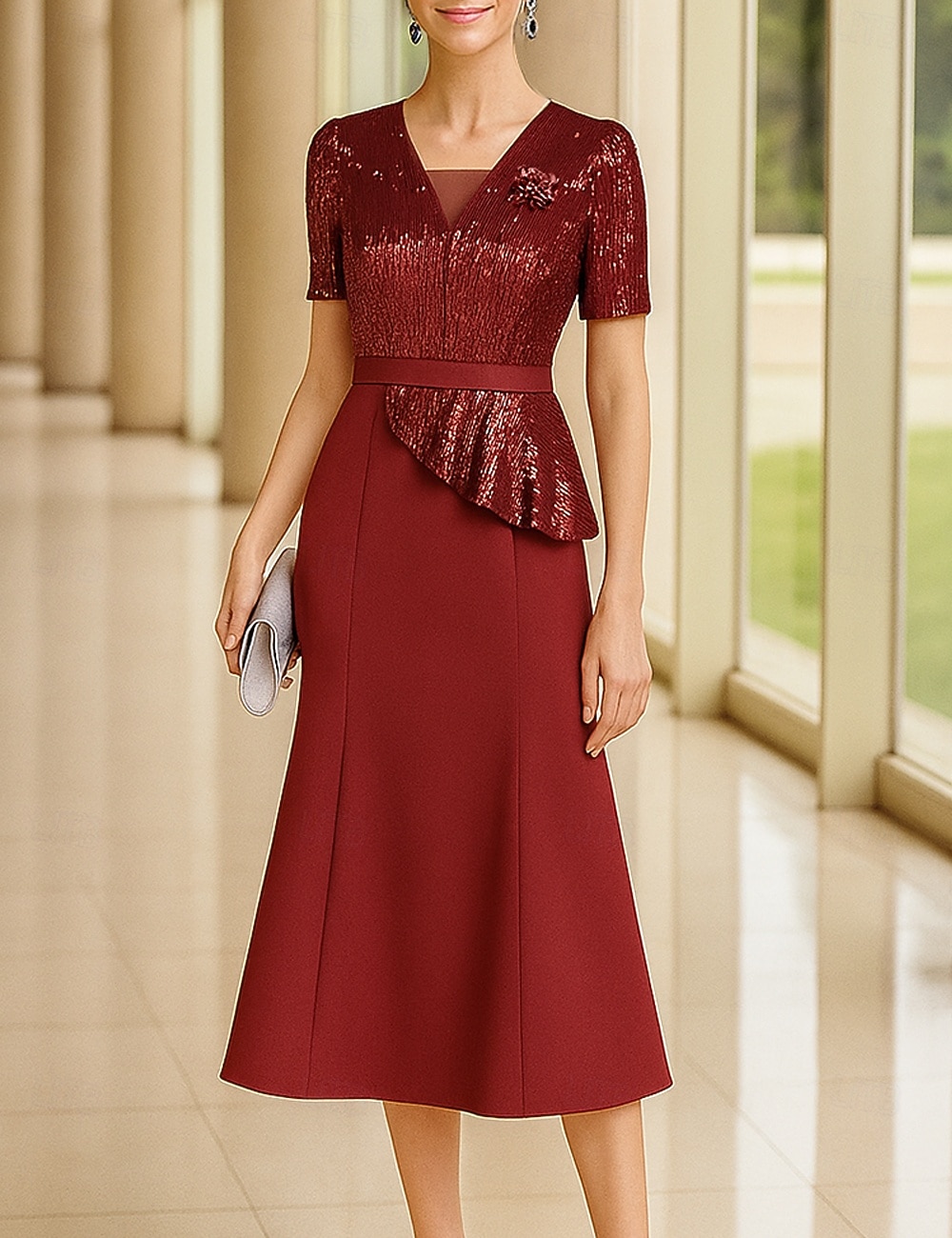 Meerjungfrauenschnitt Knöchellänge Partykleid Cocktailkleid Kurzarm V Ausschnitt Elegant Formell Baumwollmischung Polyester Brautmutterkleid mit Farbblock 2025 - $154.99 –P3