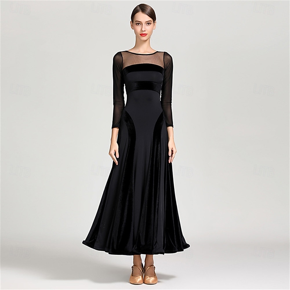 abito da ballo da sala con maniche trasparenti per donna - abito a trapezio con maniche lunghe e dettagli in velluto per competizioni, eventi di ballo latino e danza - nero del 2026 a $148.99 –P1