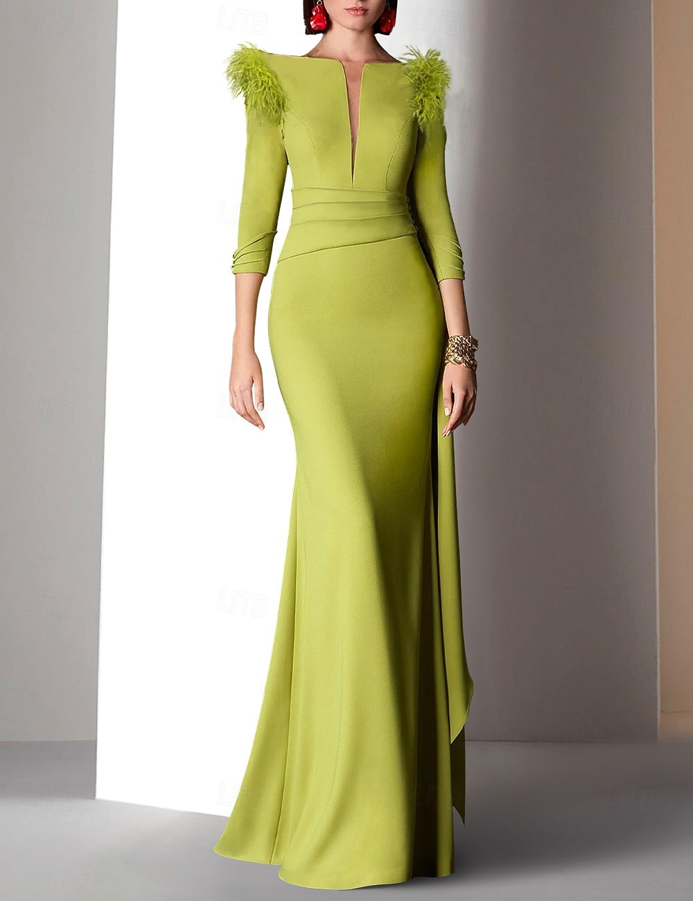 Sirena Tromba Lunghezza al pavimento Abiti da Ballo Abito da Sera Da principessa Abito formale Elegante Manica 3/4 Scollo a V Formale Autunno Raso con Piuma Arricciato Volant del 2026 a $206.99 –P5