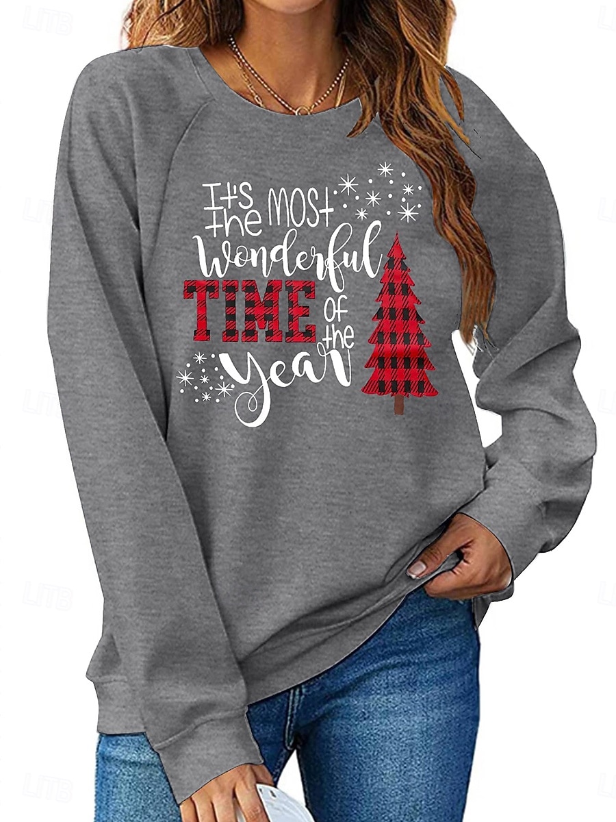 Felpa da donna di Natale Albero di Natale Fiocco di neve Stampa grafica Lettera Casual Maniche lunghe Collo rotondo Top regolari Casual Stampa delle festività Nero Rosa Rosso Verde Grigio Autunno del 2025 a $31.99 –P5