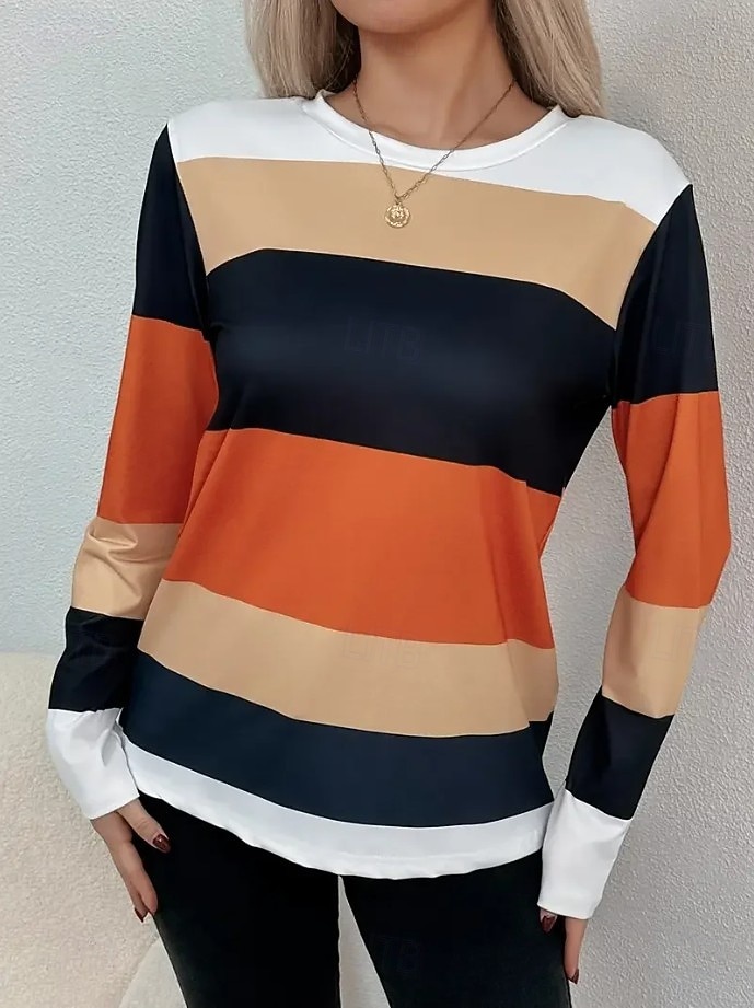 Per donna Maglietta Stampato Grafico Geometrico A righe Vintage Moda Elegante Manica Lunga Girocollo Top Regolari Quotidiano Weekend Arancione Primavera Autunno Inverno del 2026 a $24.99 –P2