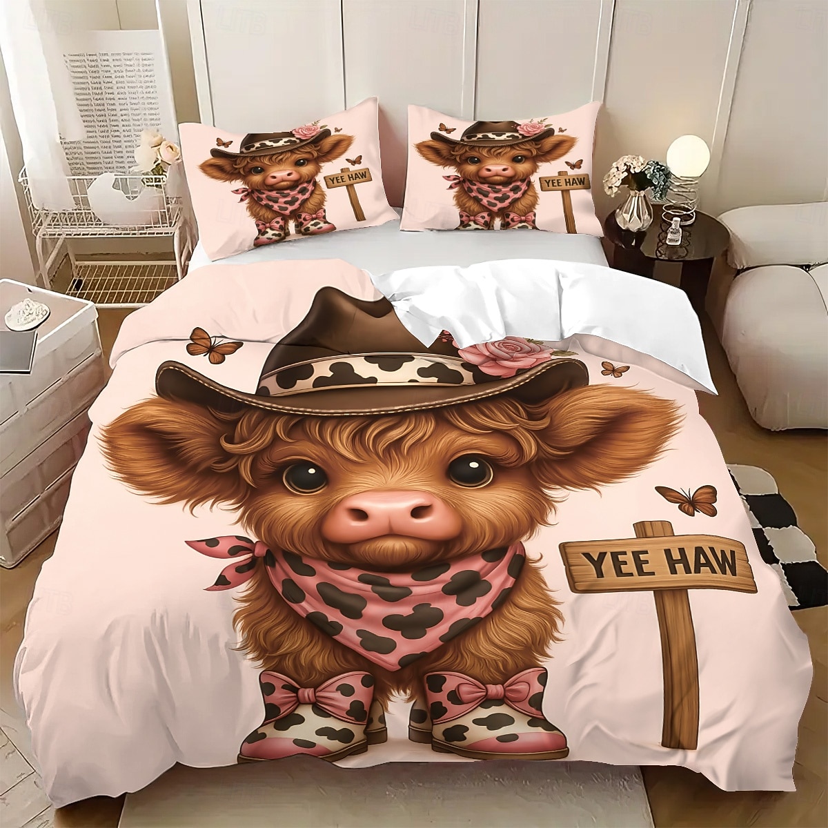 Conjunto de capa de edredom de 3 peças com estampa de vaca das terras altas e flores fofas para cama grande, capa de edredom curta e macia com 2 fronhas – roupa de cama para quarto de hotel, de 2025 por $33.99 –P1
