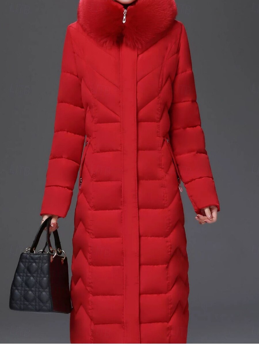 Dam Anorak Bekväm Andningsfunktion Dragkedja Ficka Knappar Pälskrage Ledigt Slät Semester Gata Ledigt Dagliga kläder Dragkedja Lång Huva Normal Långärmad Ytterkläder Svart Vin Rubinrött Vår Höst 2025 - $71.99 –P9