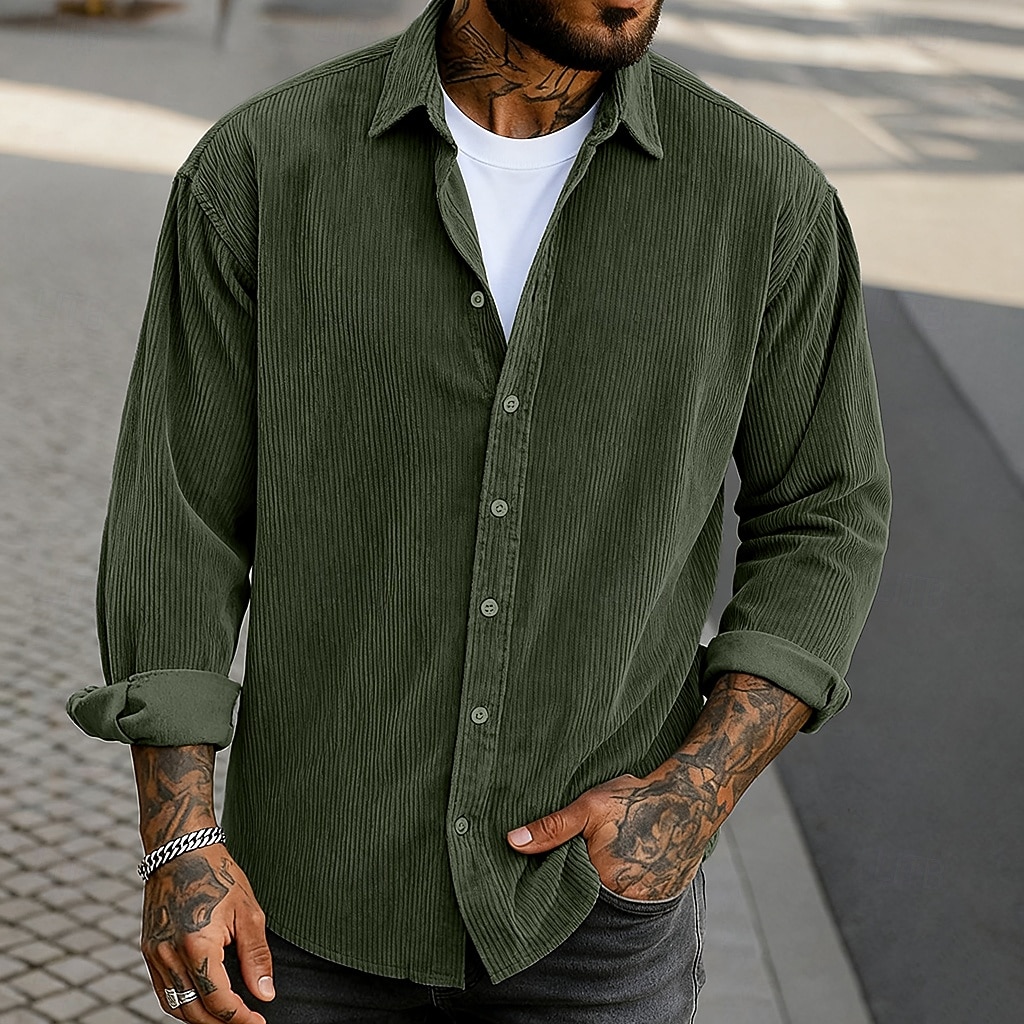 Per uomo Camicia Camicia casual Camicia di Velluto a Coste Camicia con Bottoni Nero Kaki Verde militare Grigio Manica Lunga Tinta unica Collo ripiegato Casuale All'aperto Caldo Abbigliamento Vintage del 2026 a $13.69 –P5