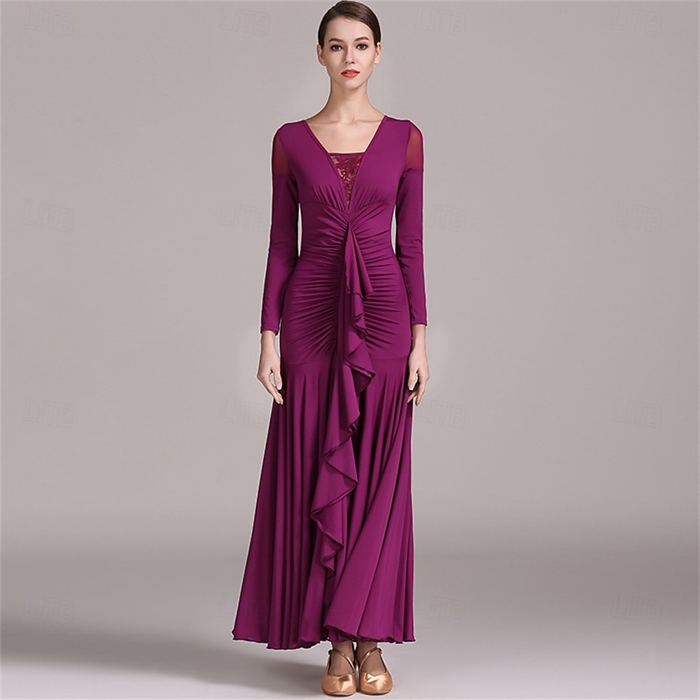 grünes Gesellschaftstanzkleid mit langen Ärmeln, gerüschten Details und Rüschenrock für eleganten Latein &Ballsaalaufführung 2026 - $129.99 –P9