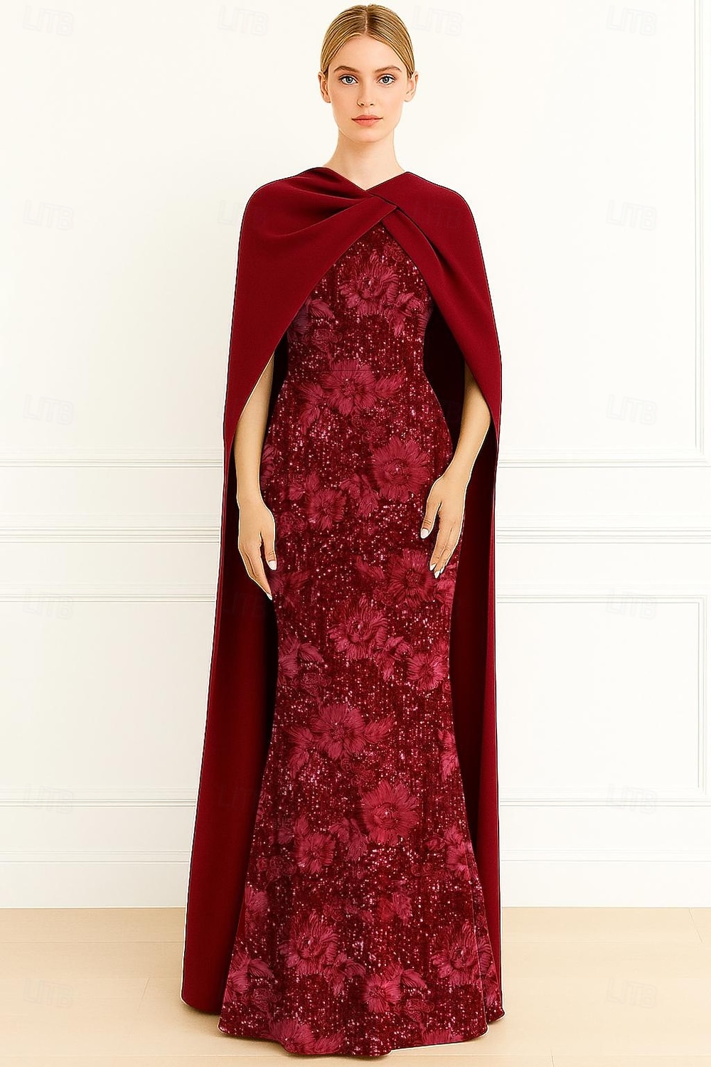 A-linje Golvlång Balklänning med kappa Kvälls klänningar Formell klädsel Elegant Vintage Den lilla svarta Ärmlös Hög hals Formell Bröllop Caper Spets Stretch crepe med Broderad Sjal 2025 - $149.99 –P1