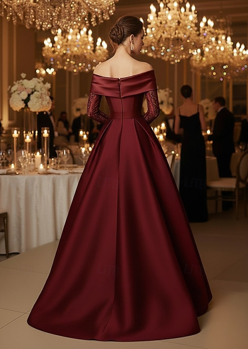Corte A Hasta el Suelo Vestidos de noche Corte Cenicienta Vestimenta formal Elegante Sedoso Manga Larga Hombros Caídos Boda Formal Bolsillo Satén Satén elástico con Plisado Cuentas 2026 - $206.99 –P2