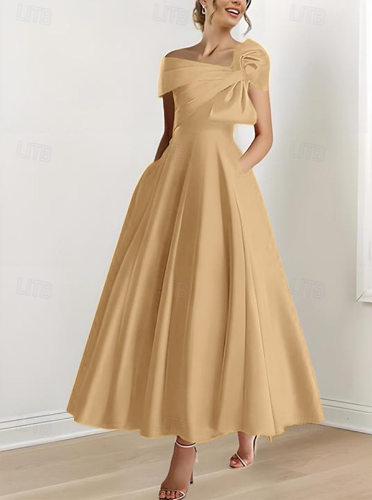 A-Line Ankle Length Cocktail Dresses Party Dresses Elegant Silky Short Sleeve One Shoulder Wedding Formal Pink Dress Satin with Bow(s) 2026 - $149.99 –P10