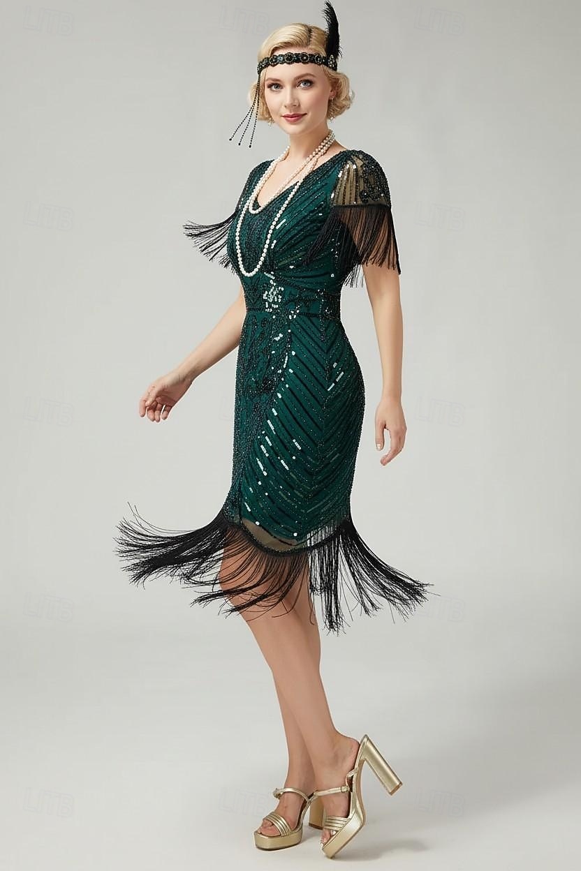 Anni Ruggenti Anni 1920 Lunghezza al ginocchio Abito Flapper Maniche corte Il grande Gatsby Paillettes Frange Scollo a V Costume Per donna Natale Carnevale speakeasy Mascherata Festa a tema retrò del 2026 a $44.99 –P7
