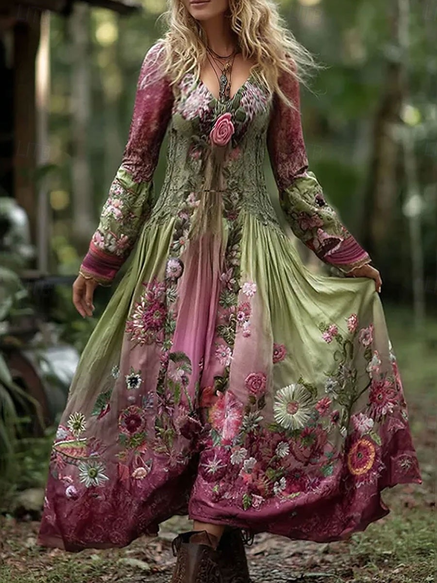 Maxi sukienka dla kobiet sukienka w kształcie litery A sukienka dopasowana i rozkloszowana vintage boho na randkę regularny krój kwiatowy nadruk długi rękaw dekolt w serek zielona wiosna jesień zima 2025 - $36.99 –P1