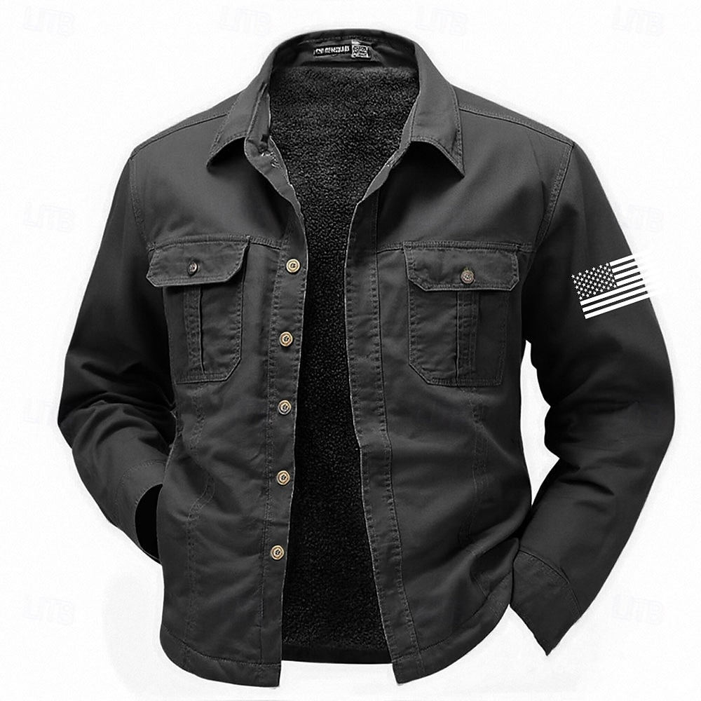 Men's US Flag Patriotic Western Shirt Cargo Shirt Cowboy Shirt Long Sleeve Military Outdoor Casual WorkWear Fall Winter Turndown Fleece Lined Cotton Button Up Shirts Black Army Green Khaki 2026 - $34.99 –P3