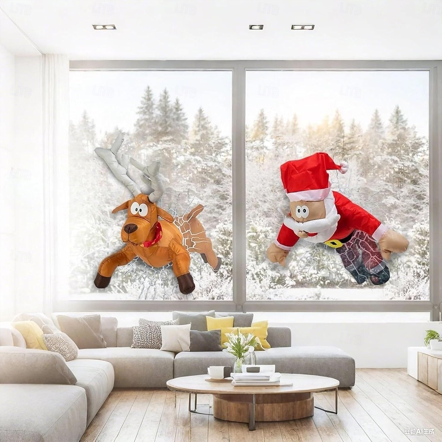 renne che si schiantano &decorazioni natalizie per finestre di Babbo Natale con adesivo in vetro rotto &calci alle gambe animati, decorazioni natalizie divertenti per la casa, porte &regali del 2025 a $35.99 –P2