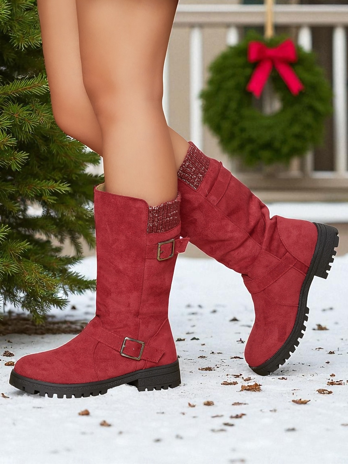 Women's Red Faux Suede Mid-Calf Boots with Adjustable Buckles and Non-Slip Sole, Casual Comfort Knit Boots for Christmas & Daily Wear 2025 - €49.99 –P4