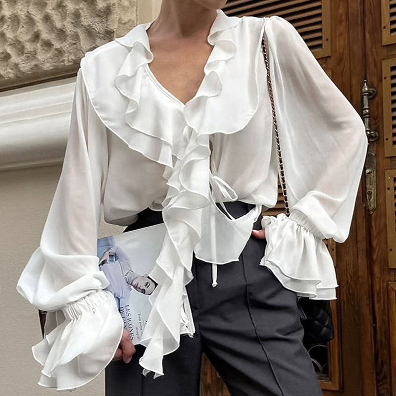 Per donna Elegant Top in raso Blusa Top in chiffon Arricciato Volant Patchwork Tinta unica Elegante Casual Spiaggia Manica Lunga Scollo a V Top Regolari Quotidiano Ferie Uscire Bianco Vino Primavera del 2026 a $41.99 –P3