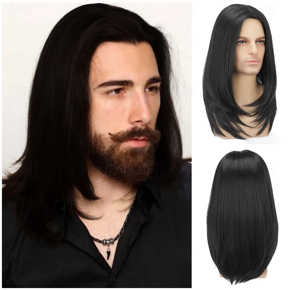 Peruca longa castanha para homem, cabelo liso, sintética, resistente ao calor, ideal para uso diário, festas e fantasias. de 2026 por $21.99 –P7