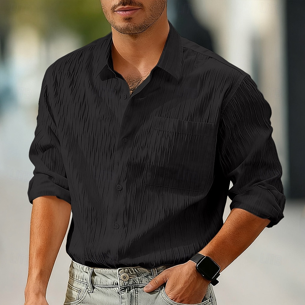Homens Camisa Social Camisa casual camisa de praia camisa de botão Camisa de algodão Preto Branco Verde Manga Longa Côr Sólida Tecido Aberto para a Lateral Férias Casual Bolsos Roupa Moda Moderna de 2026 por $25.99 –P6