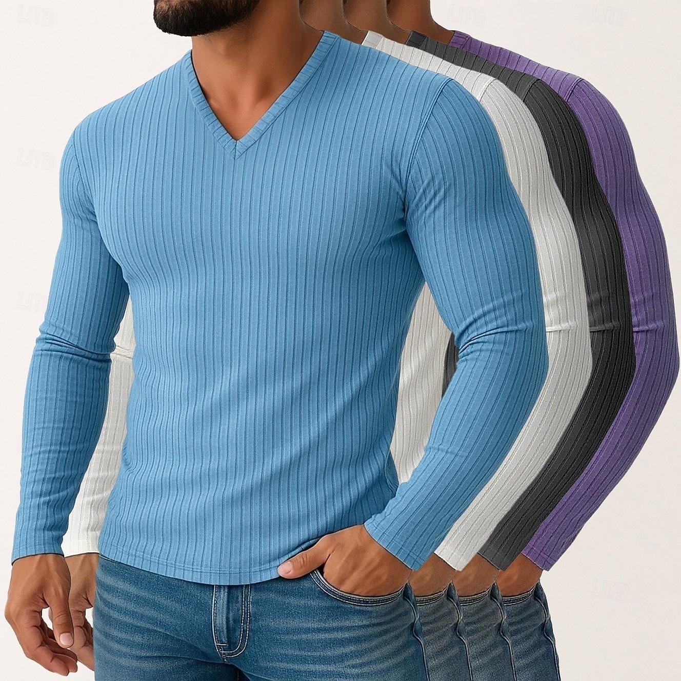 Miesten T-paita Ribbineulos T-paita Pitkähihainen paita Pitkähihainen V kaula-aukko Kevät Syksy Talvi Tavallinen Pit Strip Muoti Suunnittelija Perus 4-osainen Monipakkaus Loma Katu Kausaliteetti 8 2025 - $61.99 –P9