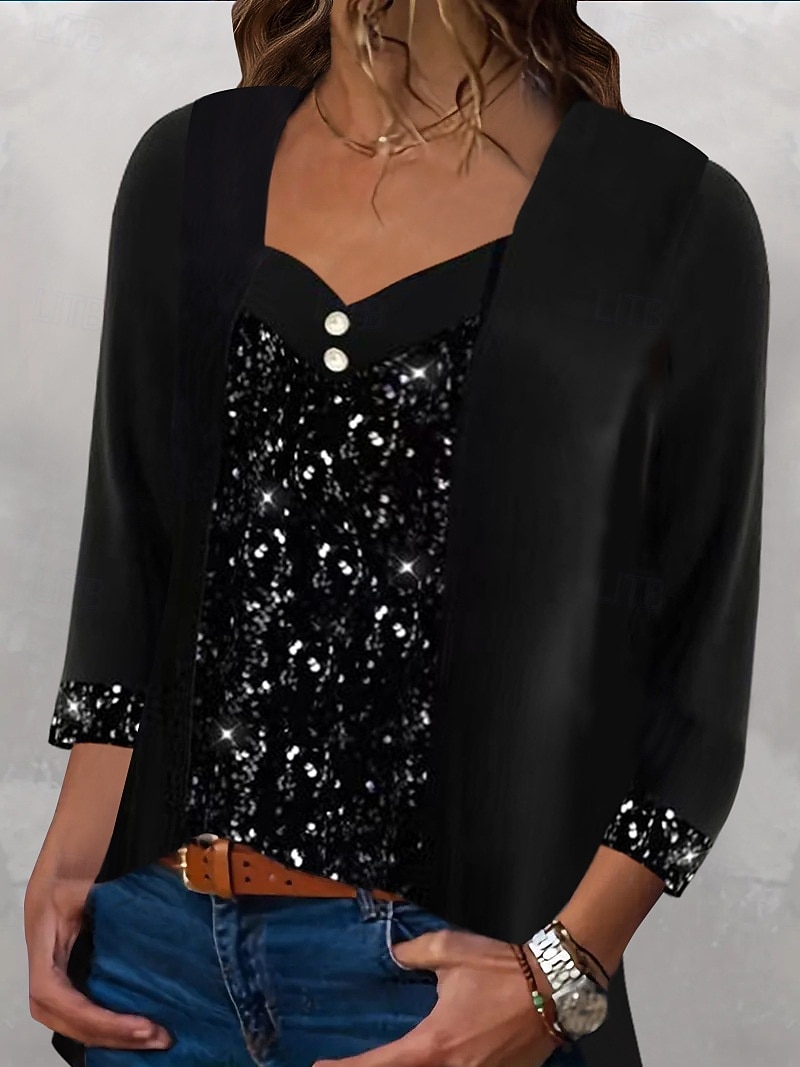 Kerstmis Vrouwen Blouse Effen Kleur Elegant Stijlvol Basis Lange Mouwen Vierkante Hals Standaard Tops Dagelijks Sequins Patchwork Zwart Wijn Paars Groen Lente Herfst Winter 2025 - $36.99 –P5