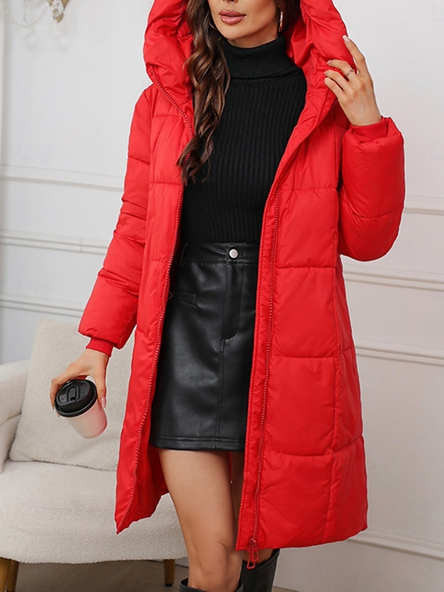 Women's Parka Comfortable Breathable Zipper Pocket Casual Plain Vacation Street Casual Daily Wear Zipper Long Hooded Regular Fit Long Sleeve Outerwear Black Red Khaki Spring Fall 2025 - $51.99 –P7