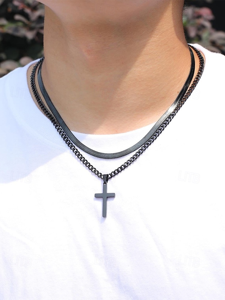 Męski naszyjnik z krzyżem ze stali nierdzewnej, trwała biżuteria łańcuszkowa, stylowy prezent chrześcijański na Boże Narodzenie, imprezę i do noszenia na co dzień 2026 - $11.99 –P3