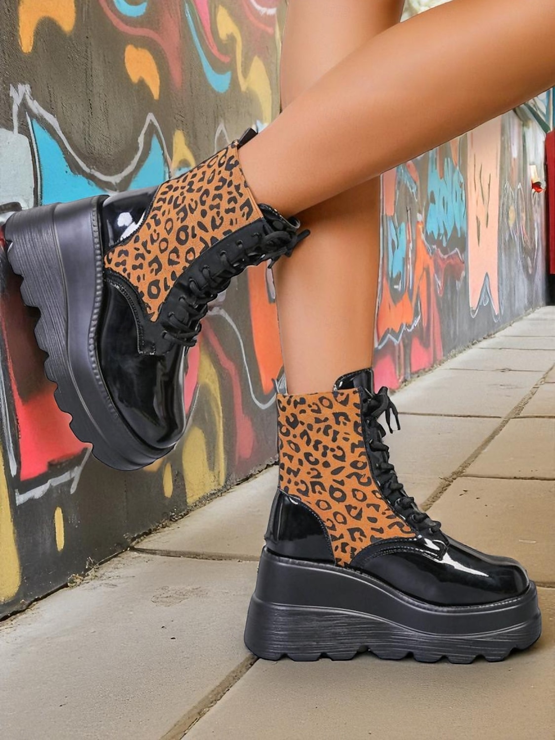 Dámské černé lakované kotníkové boty na platformě s leopardím potiskem, robustní šněrovací boty v bojovém stylu pro streetwear &večer venku 2026 - $46.99 –P4