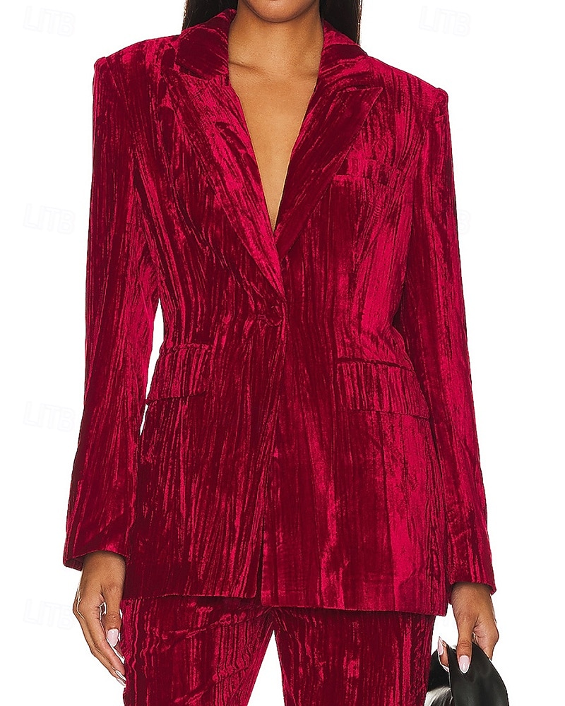 Dam Kavaj Sammetsblazers Håller värmen Bekväm Rynkad Ficka Knappar Elegant Retro Ensfärgat Formell Semester Gata Ledigt Normal Hakslag Normal Långärmad Ytterkläder Svart Vit Vin Höst Vinter 2025 - $37.99 –P1