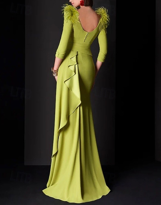 Sirena Tromba Lunghezza al pavimento Abiti da Ballo Abito da Sera Da principessa Abito formale Elegante Manica 3/4 Scollo a V Formale Autunno Raso con Piuma Arricciato Volant del 2026 a $206.99 –P6
