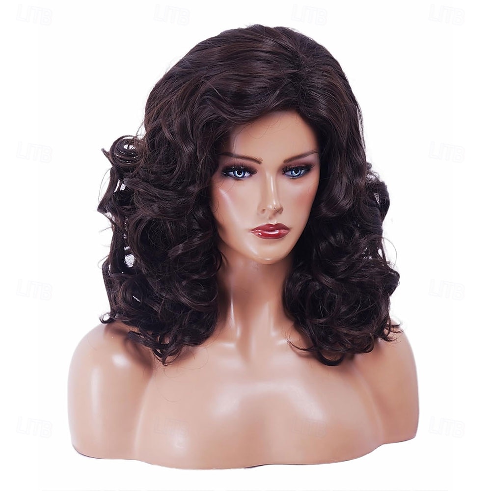 פאות חום כהה 16 אינץ' לנשים פאה סינתטית טבעית גלית בצבע חום ארוכה לשנות ה-70 וה-80 לשימוש יומיומי 2026 - $21.99 –P4