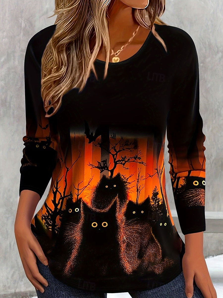 Women's T shirt Pumpkin Graphic Cat Vintage Stylish Classic Long Sleeve Crew Neck Regular Tops Daily Print Orange Spring Fall Winter 2025 - $22.99 –P5