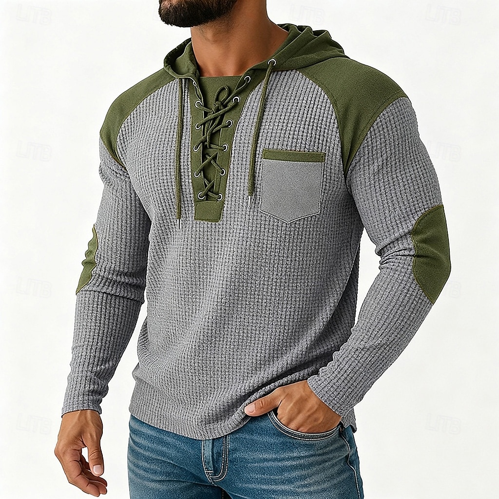 Pánské Vaflové tričko Waffle Henley košile Pánské košile s nášivkami na loktech Dlouhý rukáv Kapuce Podzim Jaro & podzim Pevná barva Módní Moderní Šňůrky Kapsy Slátanina Ležérní Venkovní Večírek Modrá 2026 - $31.99 –P2