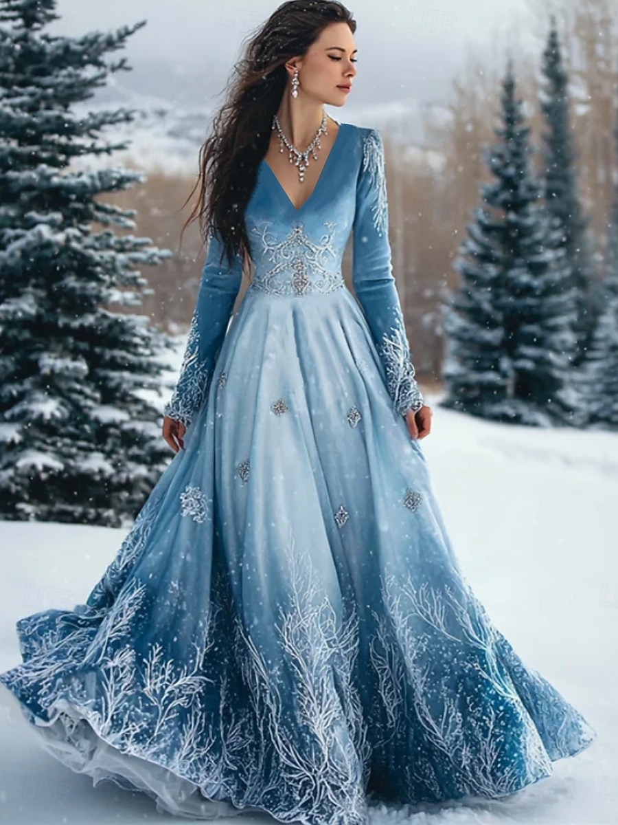 Christmas Women's Maxi Dress A Line Dress Pleated Dress Party Casual Boho Daily Date Going out Regular Fit Graphic Long Sleeve V Neck White Blue Fall Winter 2025 - $41.99 –P2