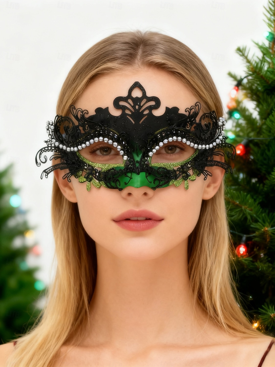 Grüne Maskenmaske für Damen mit schwarzer Spitze und Strass-Details für Weihnachtsfeier, Ball &Karneval 2026 - $26.99 –P1