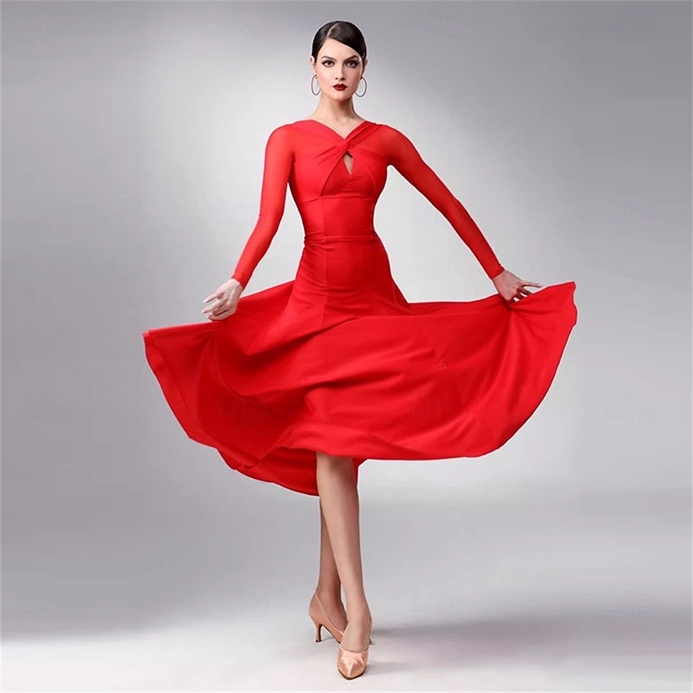 abito da ballo da sala da donna blu navy elegante a maniche lunghe in rete con scollo incrociato, abito da competizione per valzer, foxtrot e tango del 2026 a $337.89 –P7