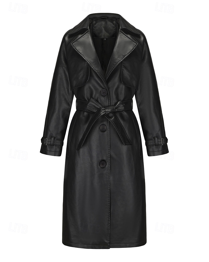 Dam Imitationsläderjacka Trenchcoat Bekväm Ficka Knappar Ledigt Slät Semester Dagliga kläder Utekväll Helgen Lång Nedvikt Normal Långärmad Ytterkläder Marin Svart Kamel Vår Höst 2025 - $68.99 –P12