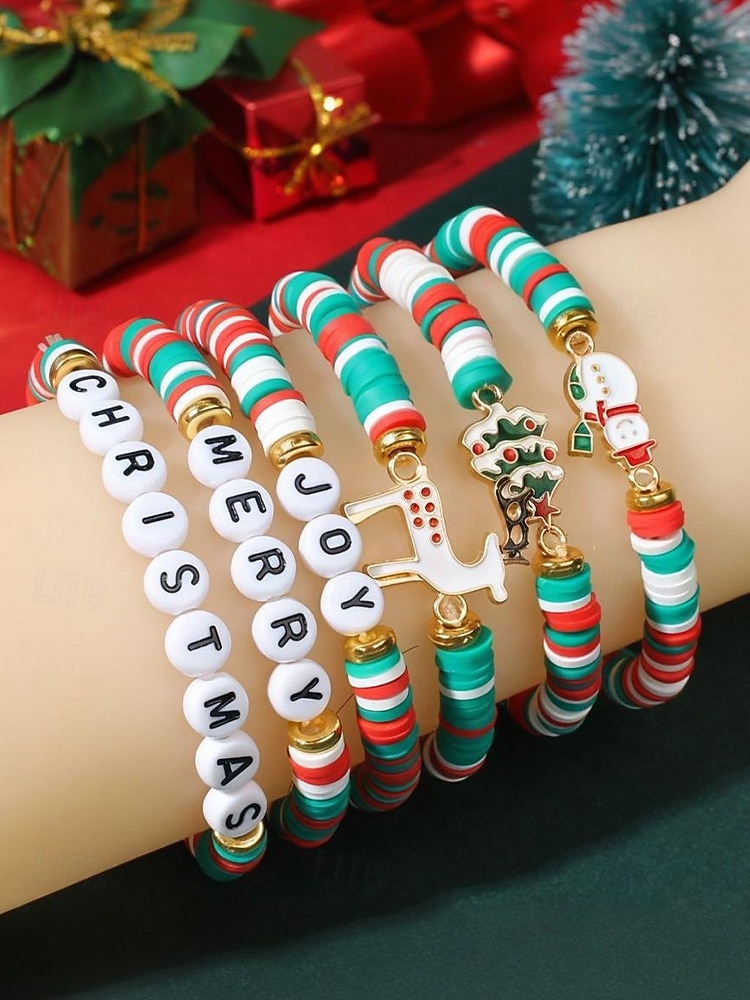 Женский рождественский браслет из бисера с подвесками в виде Санты, оленей и снеговика, красно-зеленые эластичные браслеты с жемчугом, праздничный подарок на праздник для нее 2025 - $3.99 –P5