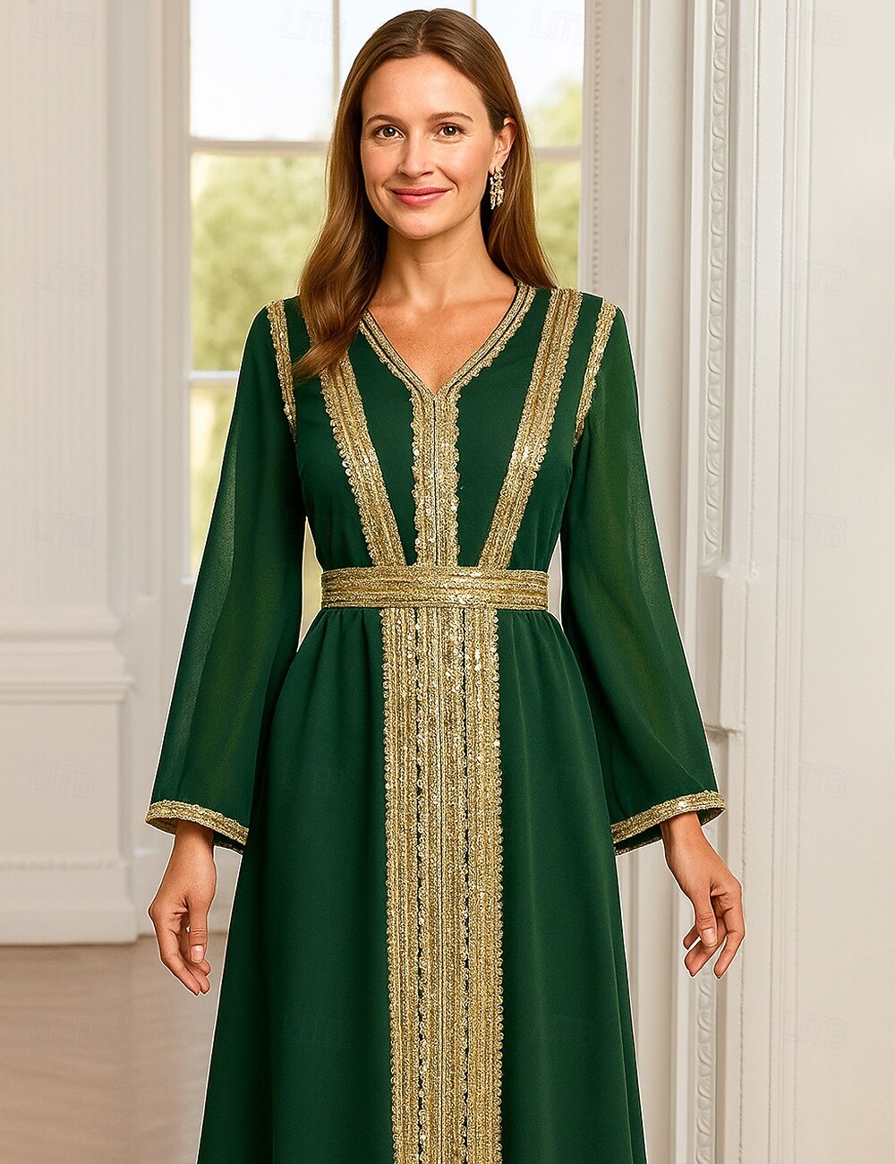 Ligne A Robe de Mère de Mariée  Élégant ancien Luxueux Col en V Longueur au sol Spandex Polyester manche longue avec Perlage Paillettes Broderie de 2025 ? $89.99 –P4