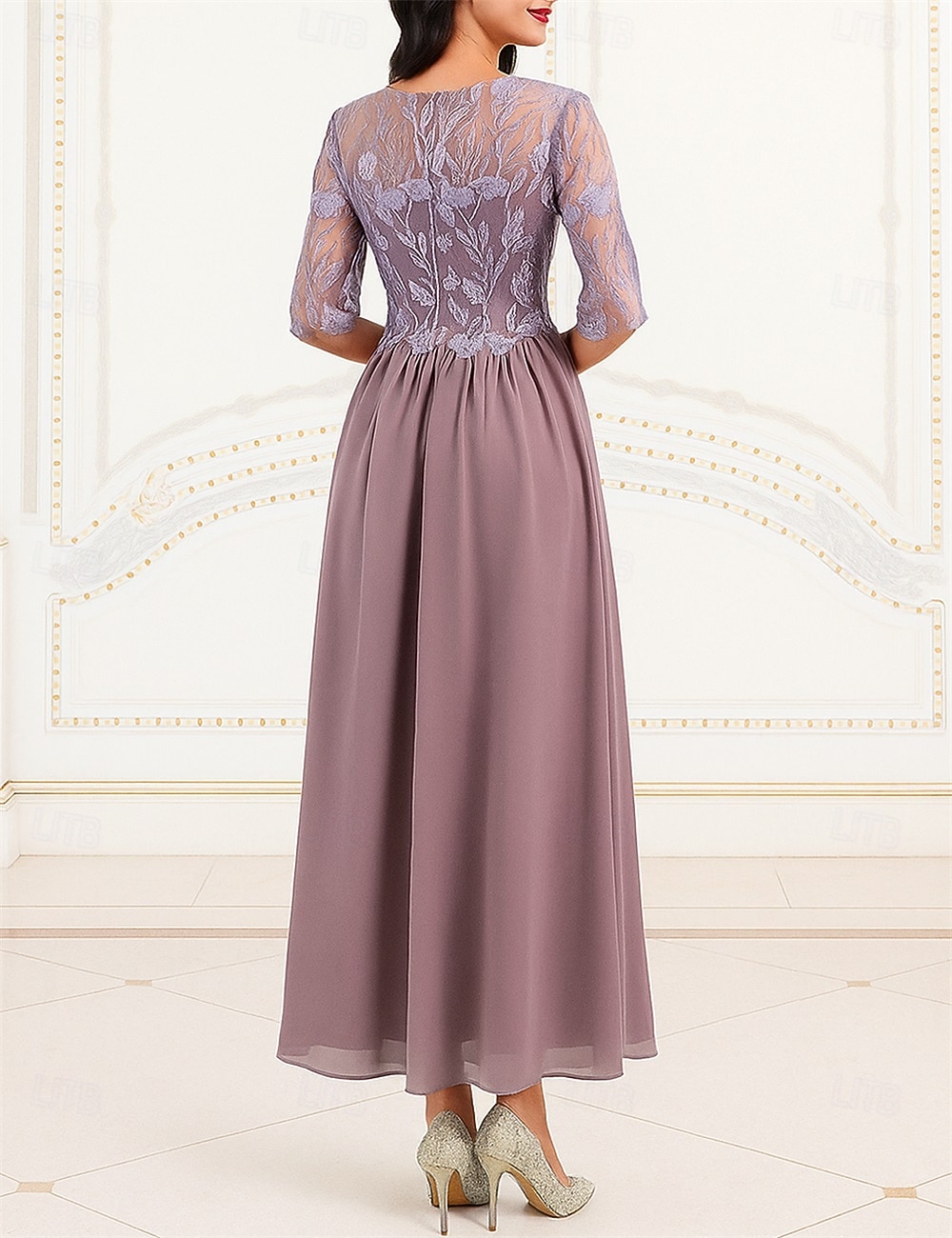 Γραμμή Α Φόρεμα Μητέρας της Νύφης Επίσημο Κομψό Στρογγυλή Ψηλή Λαιμόκοψη Κάτω από το γόνατο Πολυεστέρας Κοντομάνικο με Διακοσμητικά Επιράμματα 2025 - $79.99 –P2