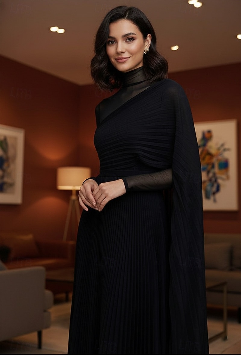 Linea ad A Lunghezza al pavimento Abito da Sera Da principessa Abito formale Elegante Scintillante Setoso Manica Lunga Collo Alto Matrimonio Formale Chiffon con Pieghe del 2026 a $160.99 –P2