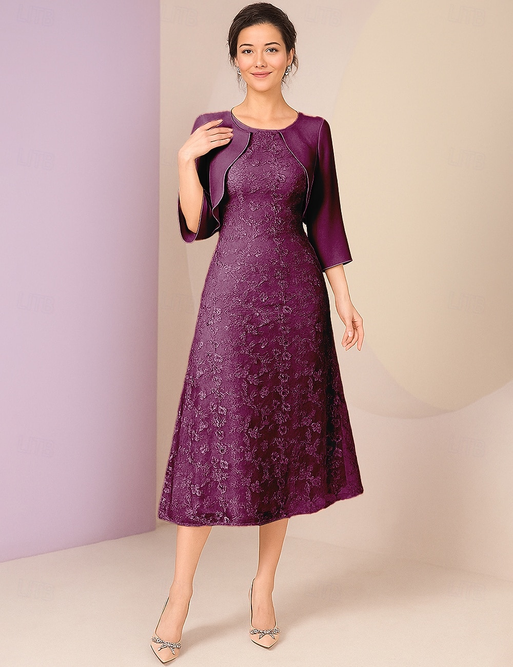 Vestido de fiesta A-line hasta el tobillo vestido de cóctel vestido de invitada de boda vestido de madre de la novia manga 3/4 escote redondo elegante formal encaje con encaje 2026 - $103.99 –P10