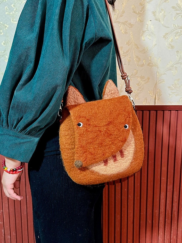női filc crossbody táska, aranyos róka alakú válltáska, vintage kézzel készített állatmintás kézitáska hölgyeknek alkalmi mindennapi utazáshoz 2025 - $26.99 –P5