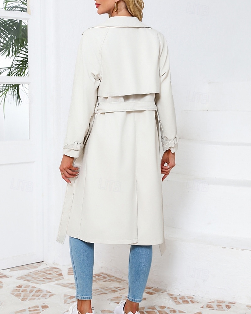 Dam Imitationsläderjacka Trenchcoat Bekväm Ficka Knappar Ledigt Slät Semester Dagliga kläder Utekväll Helgen Lång Nedvikt Normal Långärmad Ytterkläder Marin Svart Kamel Vår Höst 2025 - $68.99 –P6