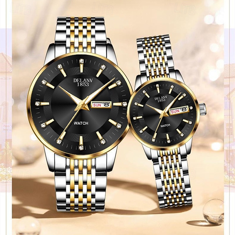 Două ceasuri noi și la modă cu cuarț pentru cupluri - carcasă din oțel inoxidabil, rezistență la apă IPX7, calendar dublu luminescent, dată și afișaj duminică/luni, curea din aliaj - cadou ideal 2025 - $24.99 –P8
