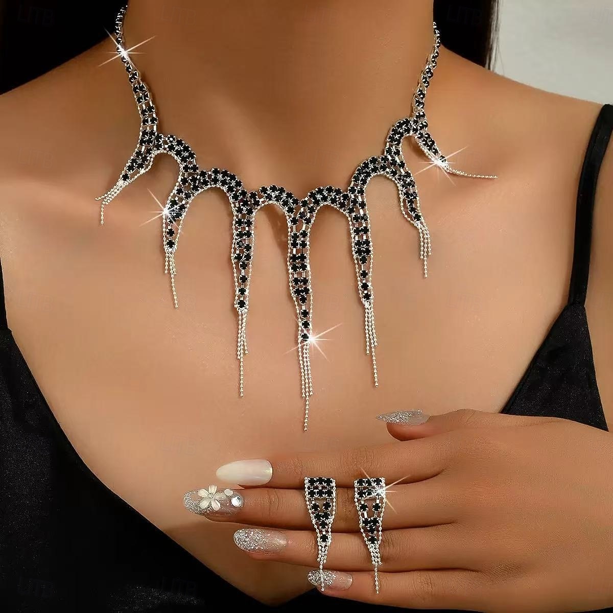 Женский комплект украшений со стразами зеленого цвета, включающий ожерелье и кольца для рождественской вечеринки, бала &вечерние мероприятия 2026 - $11.99 –P4