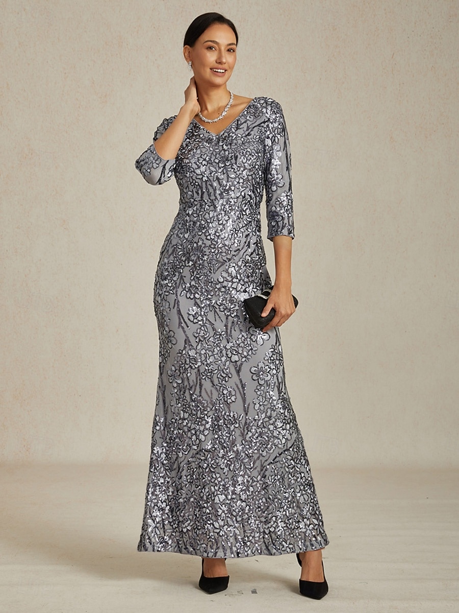 2026年 女性用 マキシドレス シースドレス エレガント フォーマル セミフォーマルドレス パーティー スパンコール レース 刺繍 レギュラー 純色 七分袖 Ｖネック グレー  コレクション – $239.79 –P4